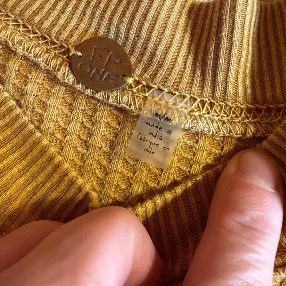 Free People FP One Tasha Cropped Thermal Mustard Yellow Waffle Sleeve Top Medium